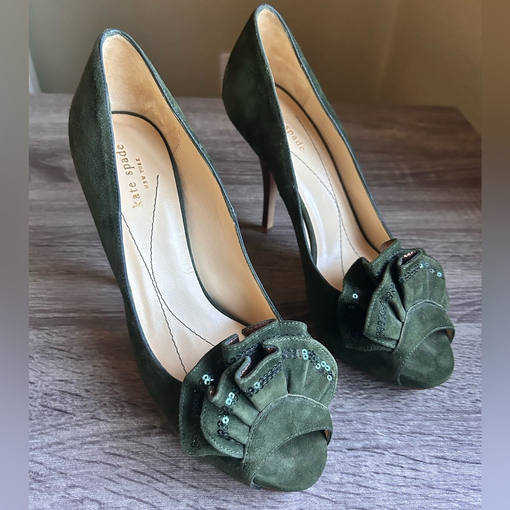 Kate Spade Dark Green Suede Heels with Ruffle Sequin Peep Toe, 9 1/2